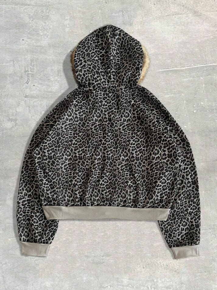 SNOW-WOLF Men's Leopard Pattern Soft Feather In Collar Zipper Hoodie